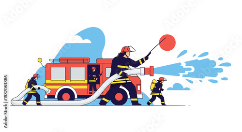 Team of cartoon firefighters working together to spray water from a hose at a fire, with a red fire truck in the background, showing emergency response.