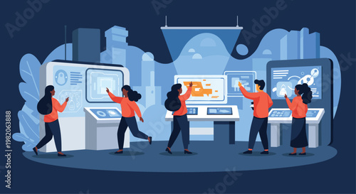 People interacting with large futuristic touch screens and holographic displays in a high-tech data analysis center or a modern interactive museum.