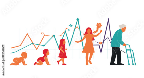 Conceptual illustration showing the stages of human life and aging, from a baby to a senior woman with a walker, against a data graph background.
