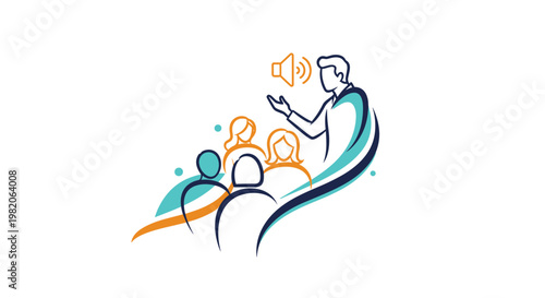 Stylized line art icon of a speaker or teacher giving a lecture to a small audience, representing public speaking, training, or a seminar.