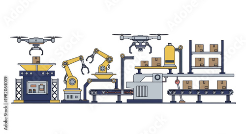 Automated Factory Production Line with Drones and Robots.