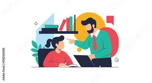 Father or teacher helping a young girl with her homework at a desk, pointing to a book in a supportive educational environment.