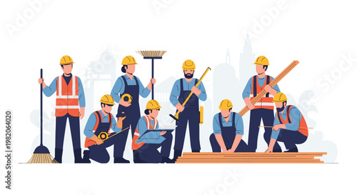 Team of diverse construction workers and builders in uniform and hard hats, holding various tools like brooms, rulers, and lumber.