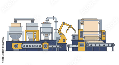 Automated Factory Production Line with Robotic Arm and Conveyor Belt System.