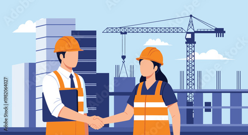 Male and female engineers in safety vests and hard hats shaking hands on a construction site, symbolizing a successful partnership or deal.