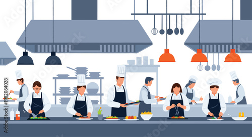 Busy professional kitchen with a team of chefs and cooks preparing, cooking, and plating various dishes in a restaurant environment.