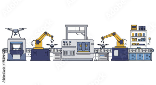 Automated drone manufacturing assembly line with robotic arms.