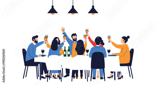Group of friends sitting at a long dinner table, raising their glasses for a toast to celebrate a special occasion together at a party.