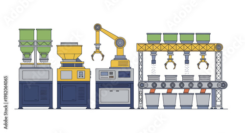 Automated factory production line with robotic arm and conveyor system.
