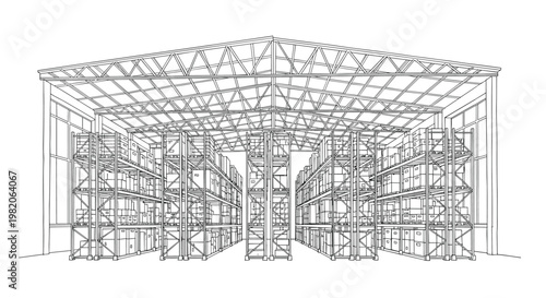 Detailed wireframe sketch of a large warehouse interior, showing the architectural structure of the roof, beams, and rows of storage racks.