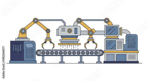 Automated factory production line with robotic arms and conveyor belt.
