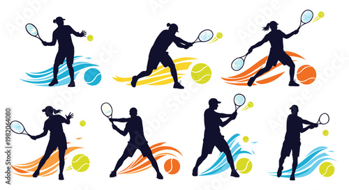Set of dynamic silhouettes of male and female tennis players in various action poses, hitting the ball with abstract colorful waves.