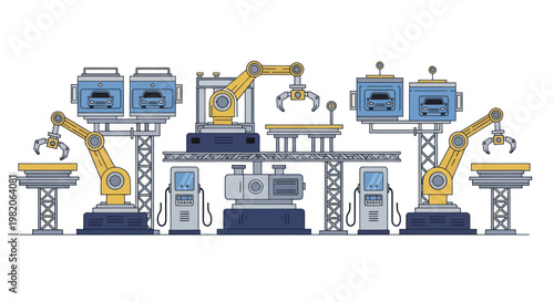 Automated Factory Production Line with Robotic Arms and Assembly Stations.
