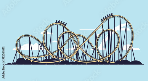 Exciting and complex roller coaster with multiple loops and drops at an amusement park, set against a blue sky with clouds in a vector illustration.