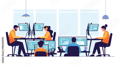 Modern office environment with a team of developers, analysts, and support staff working on computers with multiple monitors and data dashboards.