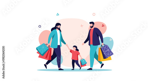 Happy family of three, a gay couple and their daughter, walking together after shopping, carrying colorful bags with abstract shapes in the background.