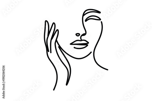 Minimalist line drawing of a woman s face and hand in profile