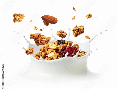 Granola, fresh blueberries splashing in milk