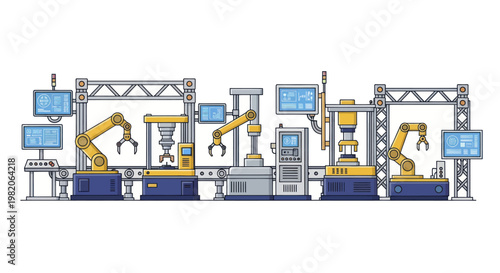 Automated factory production line with robotic arms and conveyor belts.