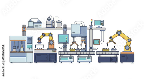 Automated Factory Production Line with Robotic Arms and Conveyor Belt.