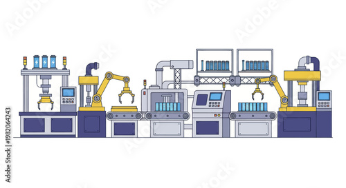 Automated factory production line with robotic arms and conveyor belts.