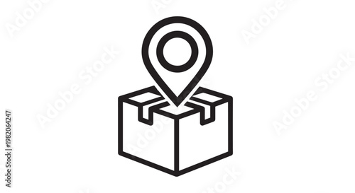 Vector graphic illustration of a package box with a location pin, symbolizing delivery tracking and shipping