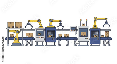 Automated factory production line with robotic arms and conveyor belts.