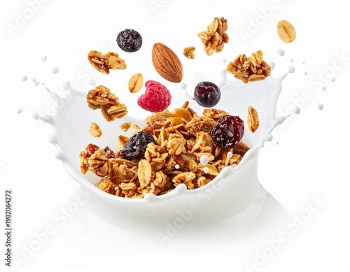 Granola, fresh blueberries splashing in milk