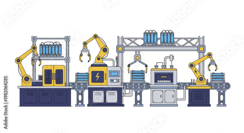 Automated factory production line with robotic arms and conveyor belts.