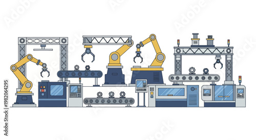 Automated Factory Production Line with Robotic Arms and Conveyor Belts.
