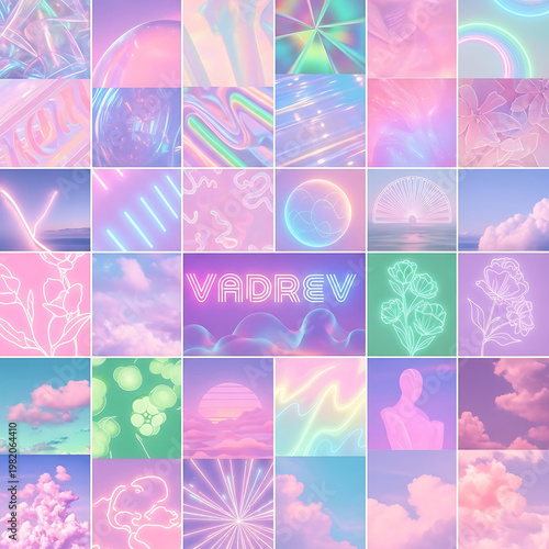 A vibrant and colorful collage of pastel images with various shapes and designs