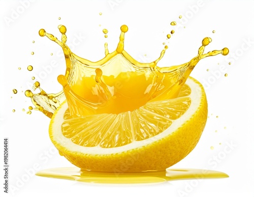 Lemon slice having juice splash and freshness droplets