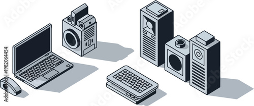 Isometric Computer Hardware and IT Infrastructure Illustration - Minimalist Technology Icons Set with Laptop, Server, and Peripherals