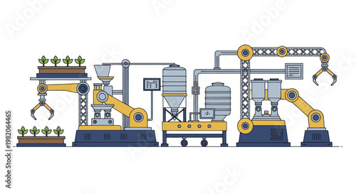 Automated factory production line with robotic arms and conveyor belts.