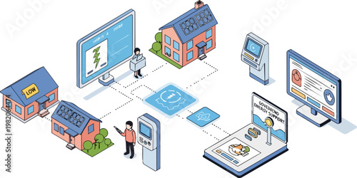 Isometric Smart Grid Illustration: Renewable Energy Management, Solar Power Homes, and Government Support Interface