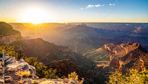 Midday sunlight highlights grand canyon's geological layers landscape photography from elevated viewpoints