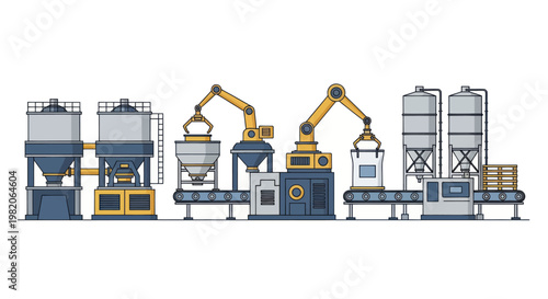 Automated Factory Production Line with Robotic Arms and Conveyor Belts.