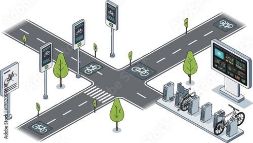 Isometric Smart City Bicycle Infrastructure, Bike Sharing Station and Cycling Lanes for Sustainable Urban Mobility Concept