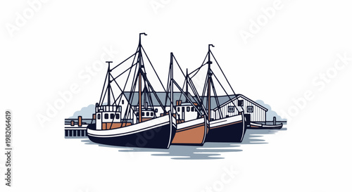 Three fishing boats docked at a harbor with buildings in the background