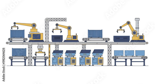 Automated factory production line with robotic arms and conveyor belts.
