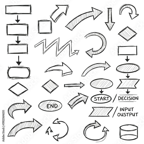 Collection of Hand Drawn Flowchart Arrows and Symbols for Business and Process Diagrams