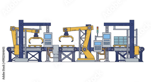 Automated factory production line with robotic arms and conveyor belts.