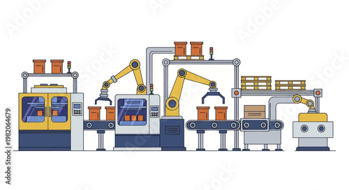 Automated factory production line with robotic arms and conveyor belts.