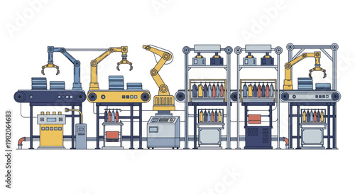 Automated factory production line with robotic arms and conveyor belts.