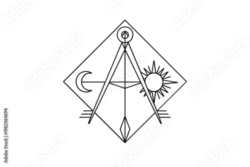 Geometric design featuring a compass crescent moon sun and diamond