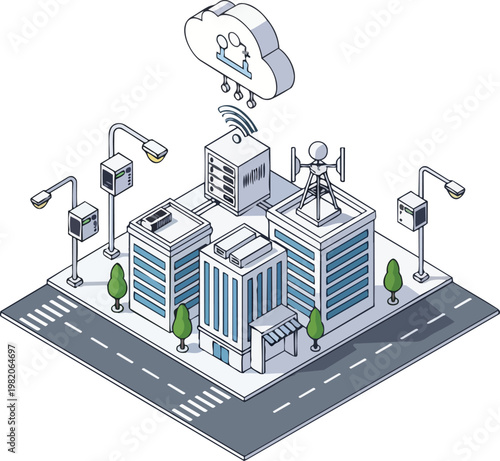 Smart City IoT Isometric Illustration with Cloud Computing, 5G Network, Digital Infrastructure and Urban Connectivity Concept