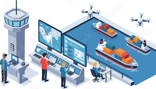 Smart Maritime Port Logistics Control Center with Cargo Ships and Drones Isometric Illustration