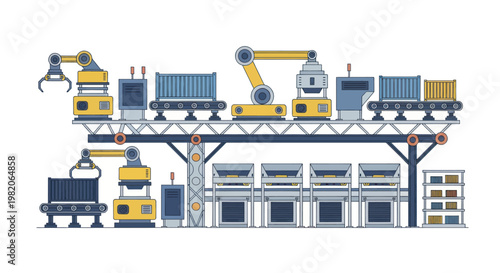 Automated factory production line with robotic arms and conveyor belts.
