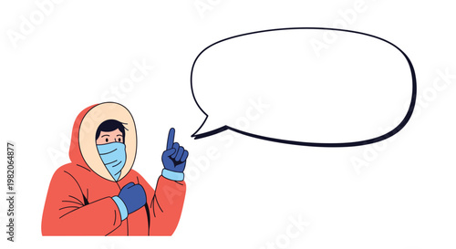 Cartoon character wearing a heavy winter coat, hood, gloves, and face mask pointing to a large empty speech bubble.