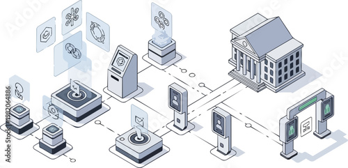 Isometric Digital Government and Fintech Infrastructure Illustration Representing Smart City Services, Online Banking, and Secure Data Management Systems